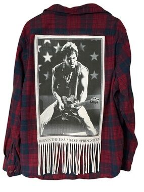 Bruce Springsteen Upcycled Flannel T Shirt Top Fringe Shacket Band Rock